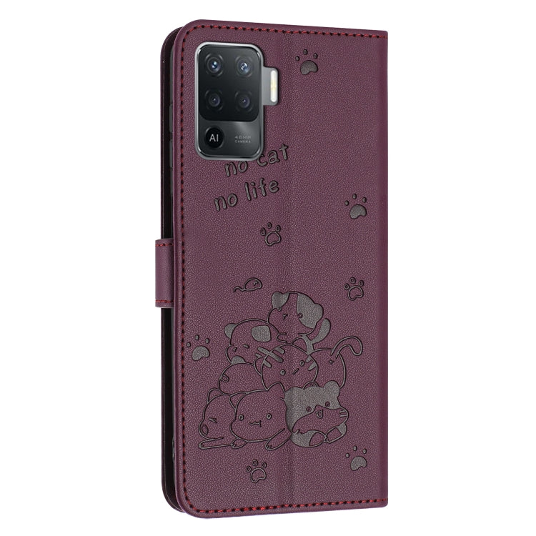 For OPPO A94 4G / F19 Pro Embossed Kitten Phone Leather Case with Lanyard