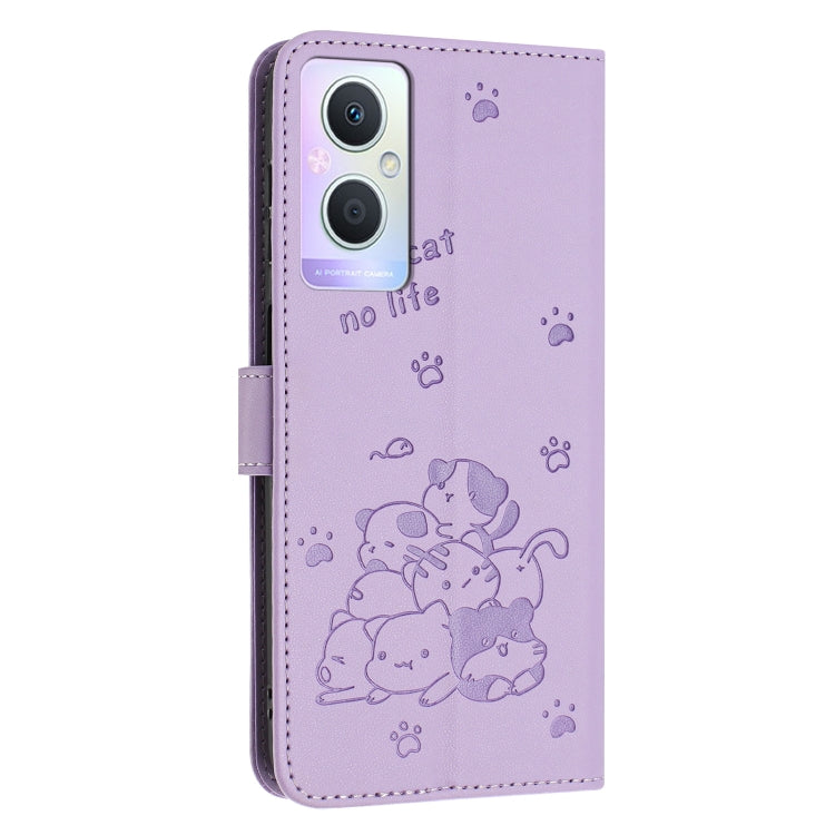 For OPPO Reno7 Z Global Embossed Kitten Phone Leather Case with Lanyard