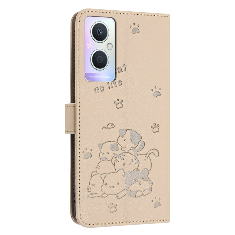 For OPPO Reno7 Z Global Embossed Kitten Phone Leather Case with Lanyard