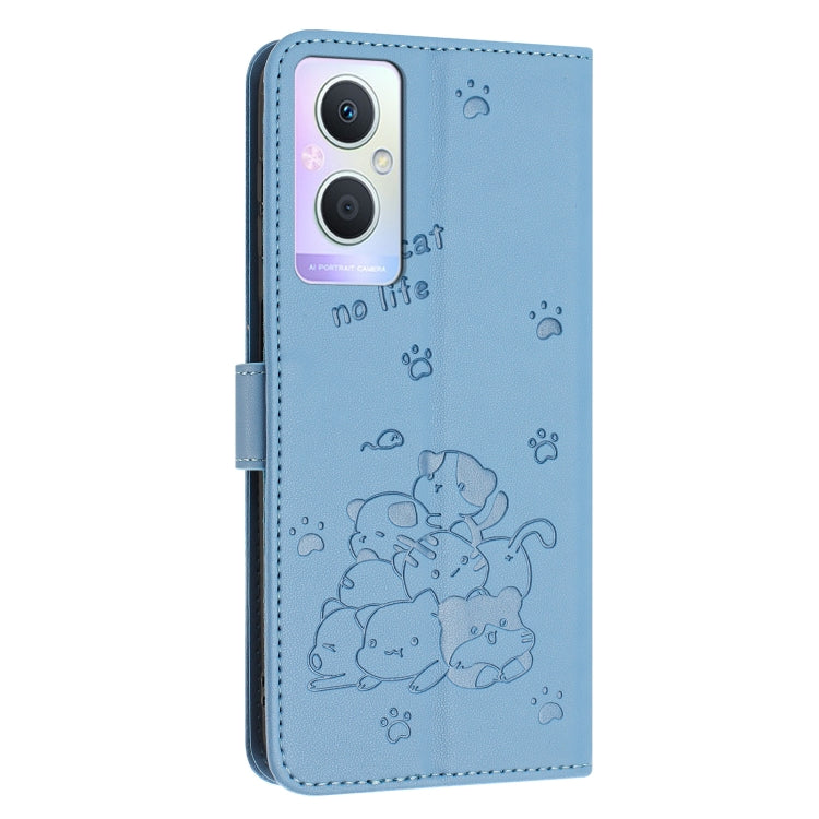 For OPPO Reno7 Z Global Embossed Kitten Phone Leather Case with Lanyard