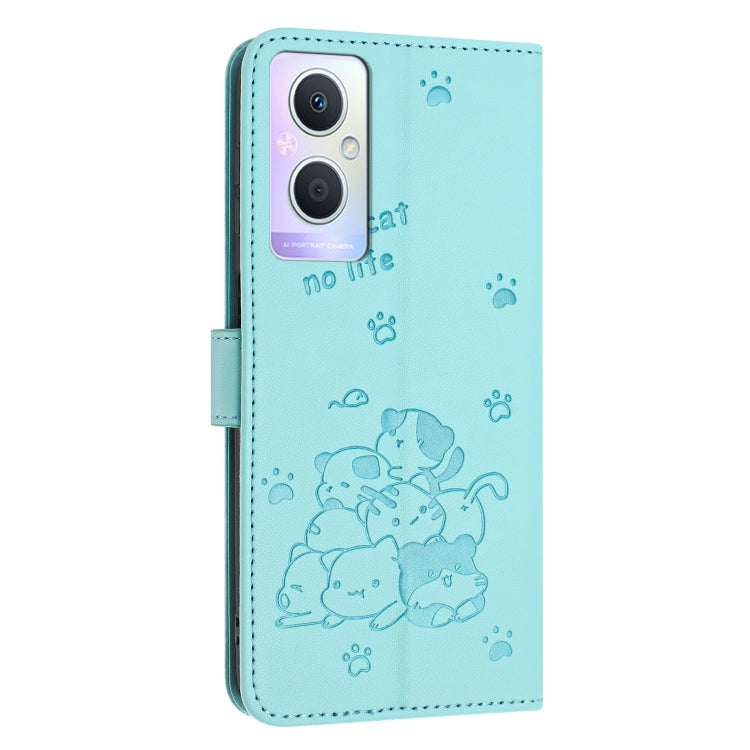 For OPPO Reno7 Z Global Embossed Kitten Phone Leather Case with Lanyard