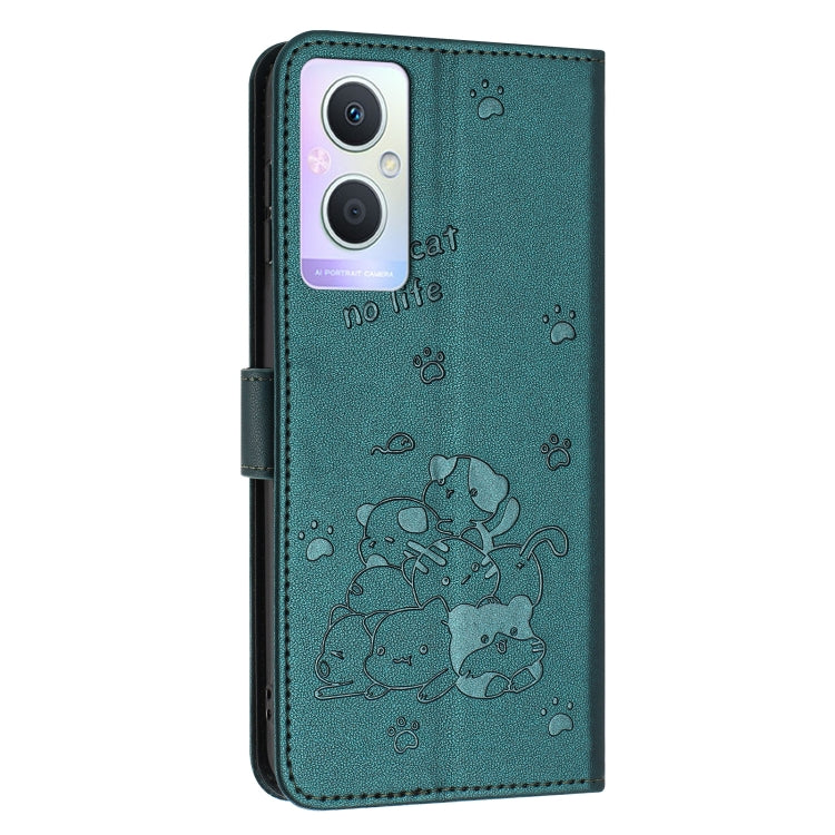 For OPPO Reno7 Z Global Embossed Kitten Phone Leather Case with Lanyard
