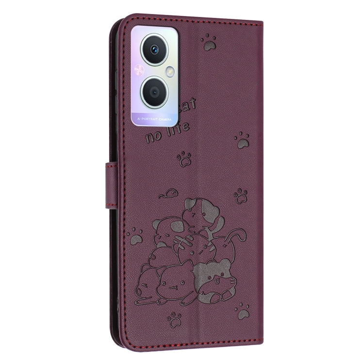 For OPPO Reno7 Z Global Embossed Kitten Phone Leather Case with Lanyard