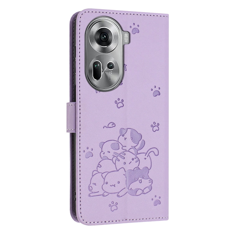 For OPPO Reno11 5G Global Embossed Kitten Phone Leather Case with Lanyard