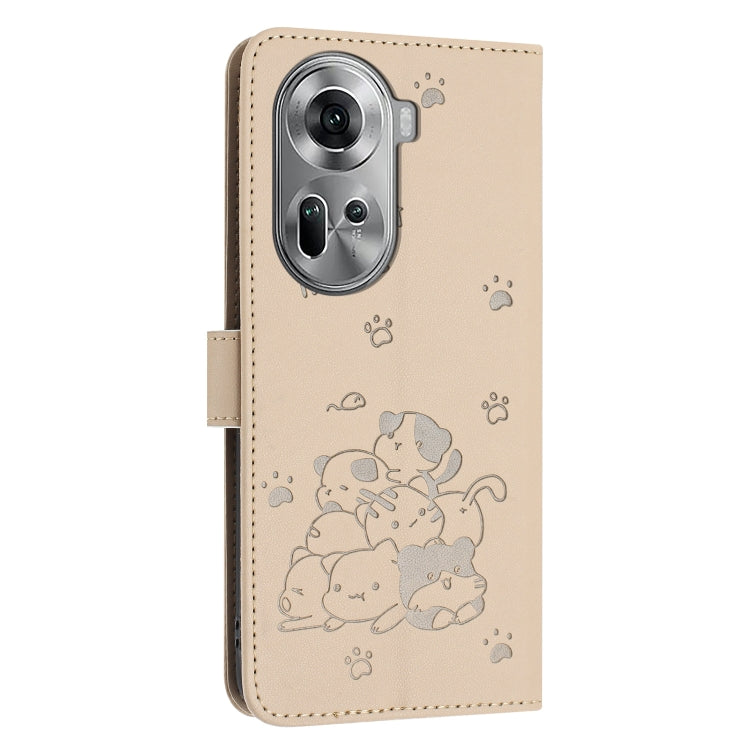 For OPPO Reno11 5G Global Embossed Kitten Phone Leather Case with Lanyard
