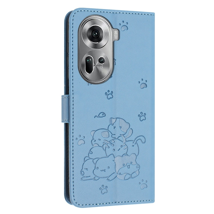 For OPPO Reno11 5G Global Embossed Kitten Phone Leather Case with Lanyard