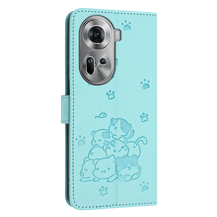 For OPPO Reno11 5G Global Embossed Kitten Phone Leather Case with Lanyard