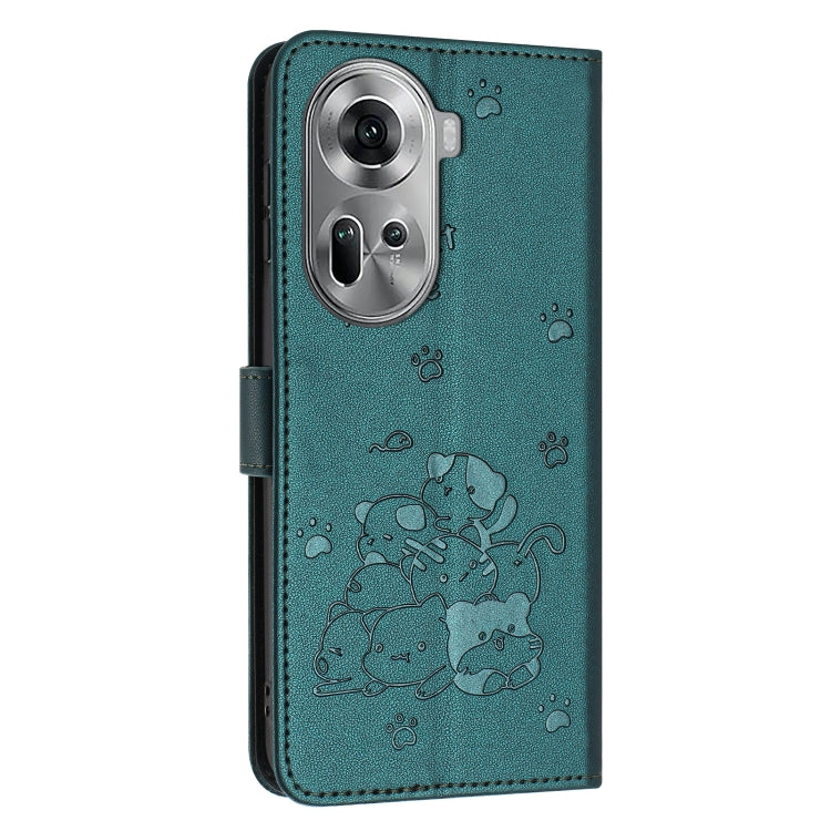 For OPPO Reno11 5G Global Embossed Kitten Phone Leather Case with Lanyard
