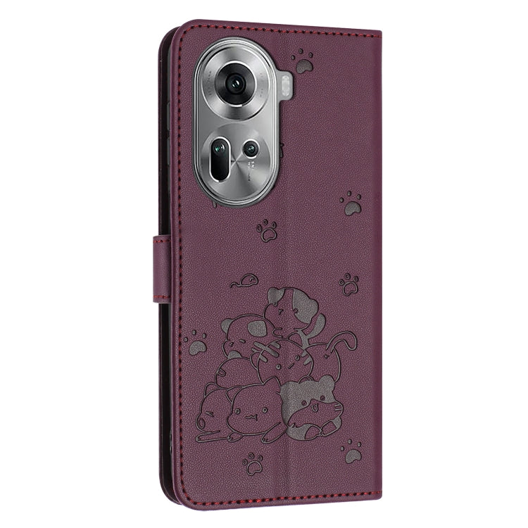 For OPPO Reno11 5G Global Embossed Kitten Phone Leather Case with Lanyard