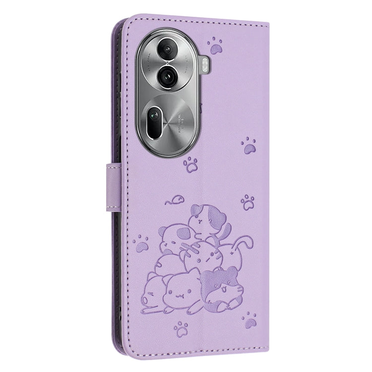 For OPPO Reno11 Pro Global Embossed Kitten Phone Leather Case with Lanyard