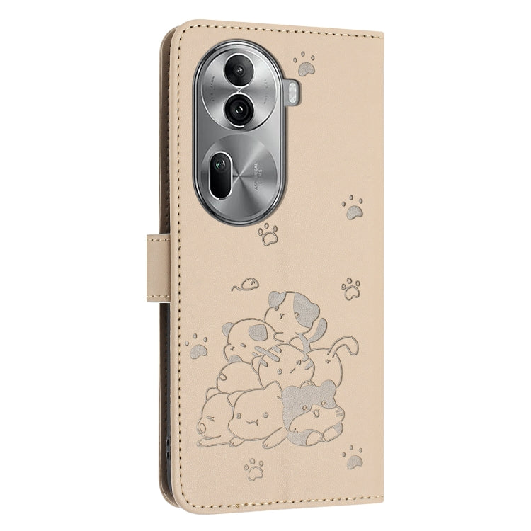 For OPPO Reno11 Pro Global Embossed Kitten Phone Leather Case with Lanyard