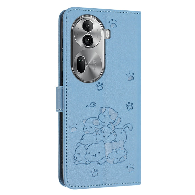 For OPPO Reno11 Pro Global Embossed Kitten Phone Leather Case with Lanyard