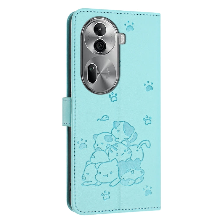 For OPPO Reno11 Pro Global Embossed Kitten Phone Leather Case with Lanyard