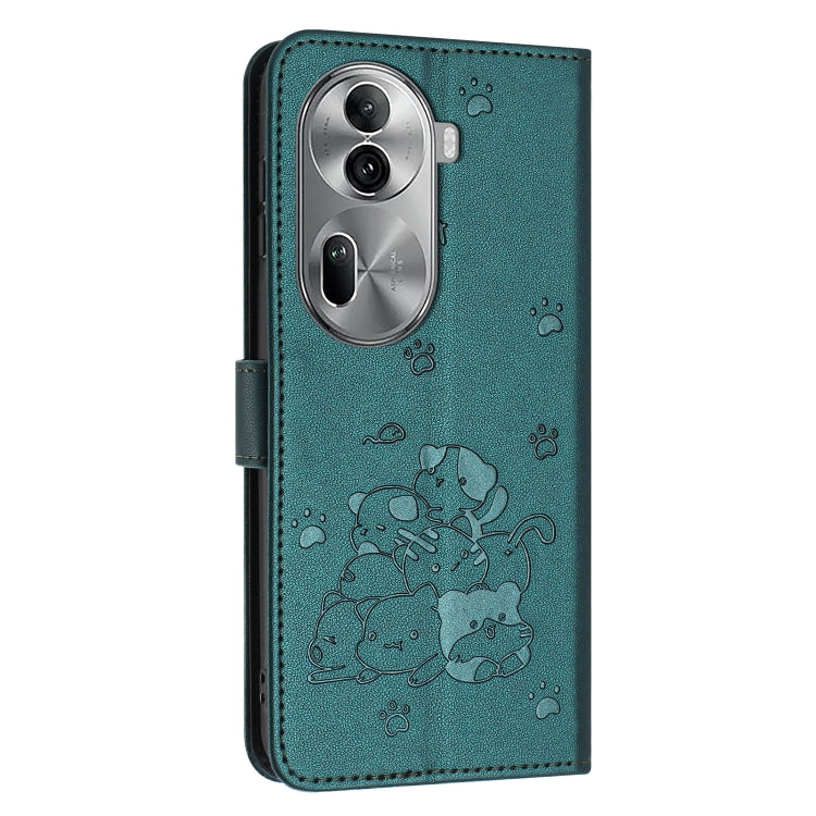 For OPPO Reno11 Pro Global Embossed Kitten Phone Leather Case with Lanyard