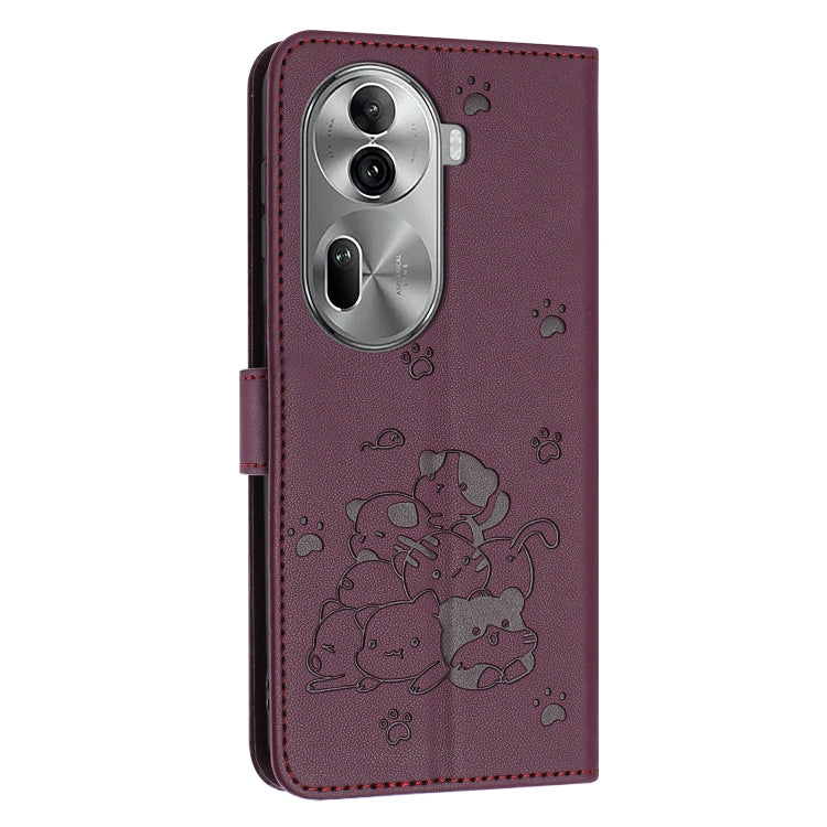For OPPO Reno11 Pro Global Embossed Kitten Phone Leather Case with Lanyard