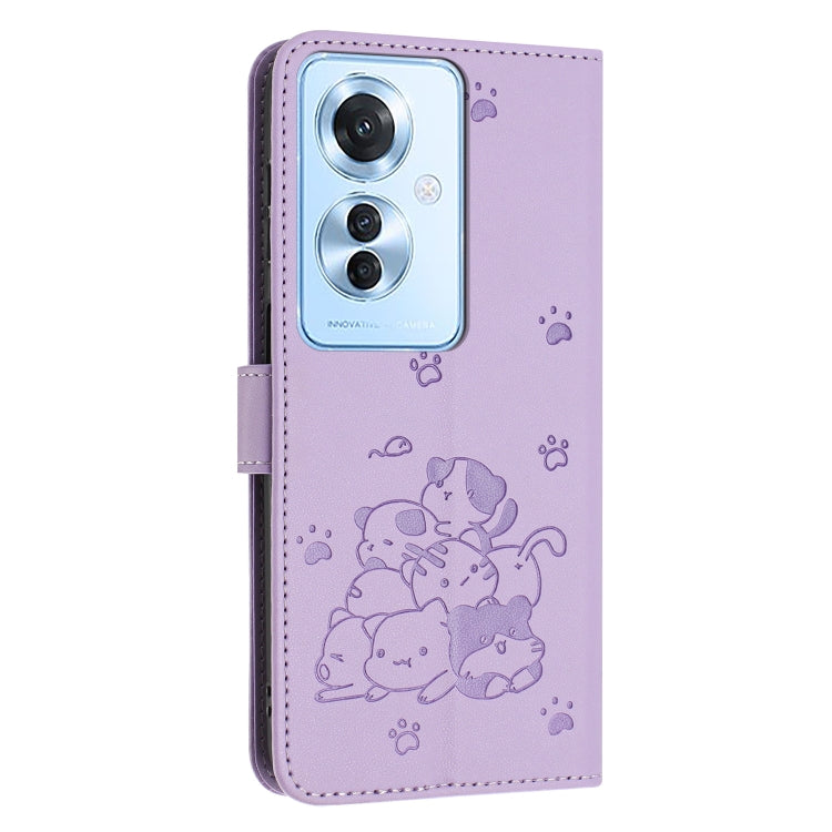 For OPPO Reno11 F Global Embossed Kitten Phone Leather Case with Lanyard