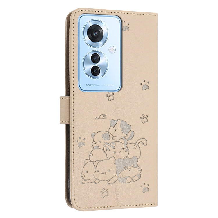 For OPPO Reno11 F Global Embossed Kitten Phone Leather Case with Lanyard