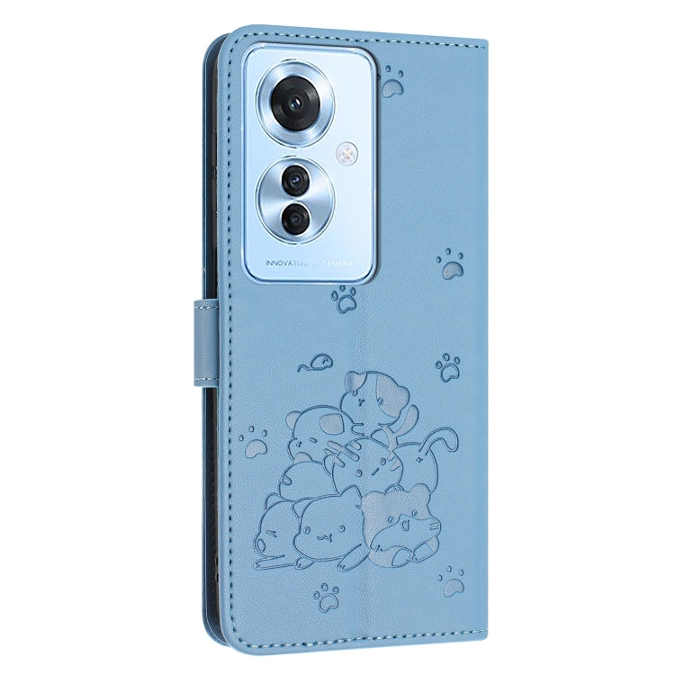 For OPPO Reno11 F Global Embossed Kitten Phone Leather Case with Lanyard