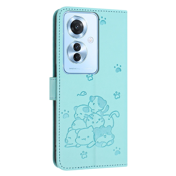 For OPPO Reno11 F Global Embossed Kitten Phone Leather Case with Lanyard