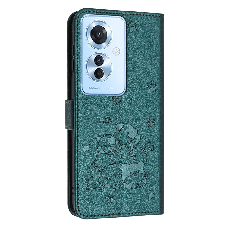 For OPPO Reno11 F Global Embossed Kitten Phone Leather Case with Lanyard