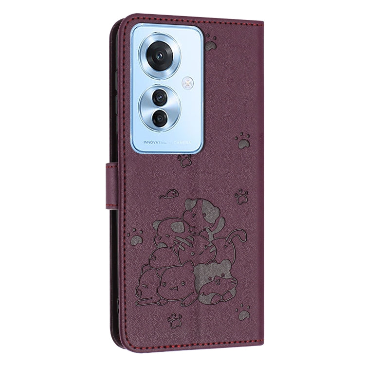 For OPPO Reno11 F Global Embossed Kitten Phone Leather Case with Lanyard