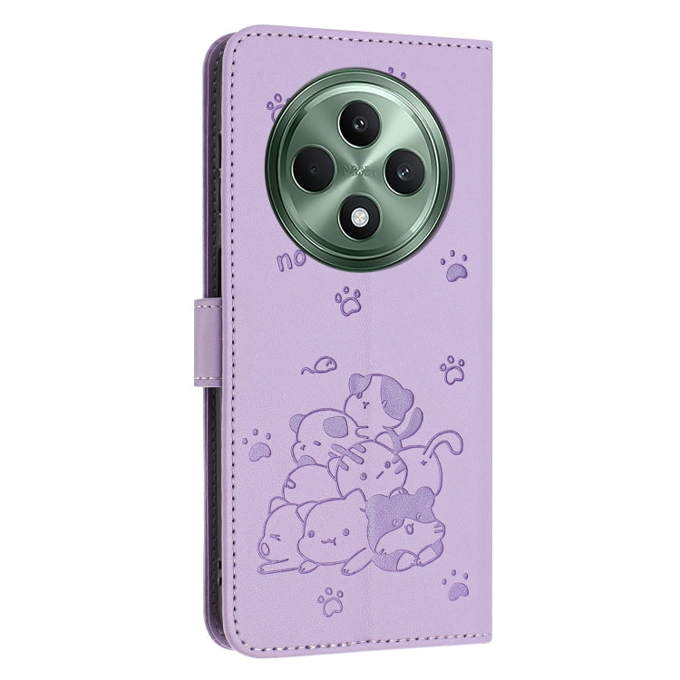 For OPPO Reno12 F 5G Embossed Kitten Phone Leather Case with Lanyard