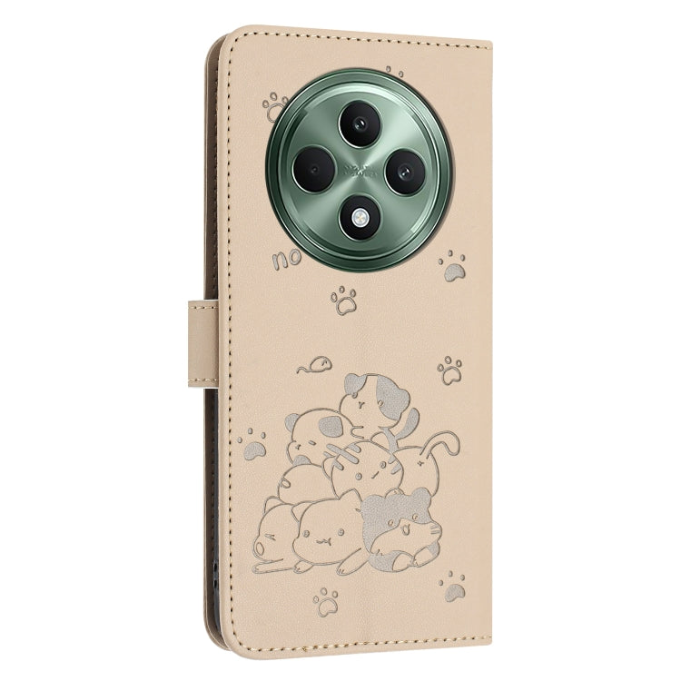 For OPPO Reno12 F 5G Embossed Kitten Phone Leather Case with Lanyard