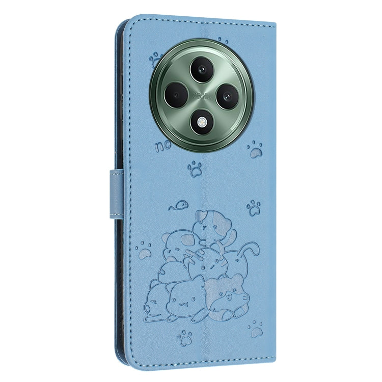 For OPPO Reno12 F 5G Embossed Kitten Phone Leather Case with Lanyard