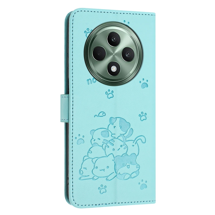 For OPPO Reno12 F 5G Embossed Kitten Phone Leather Case with Lanyard
