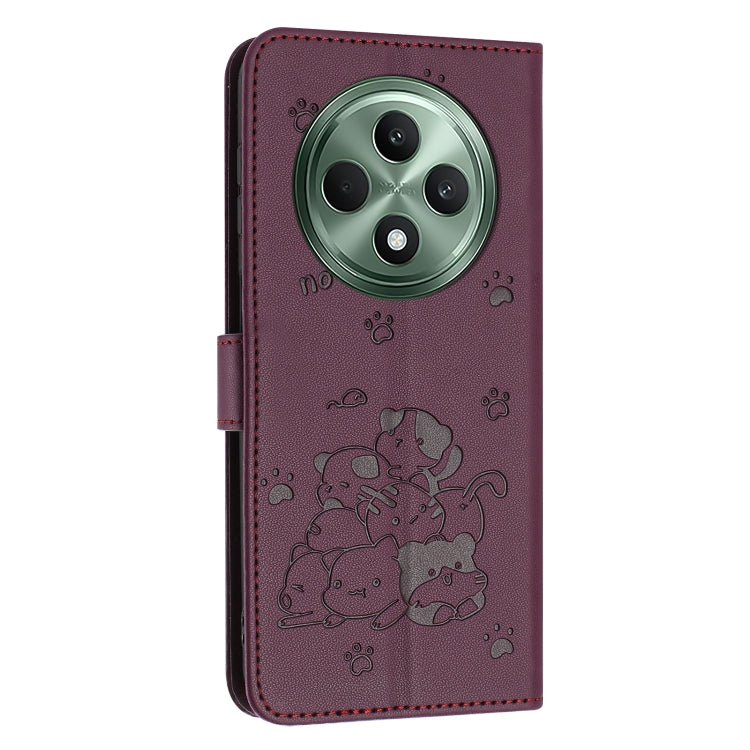 For OPPO Reno12 F 5G Embossed Kitten Phone Leather Case with Lanyard