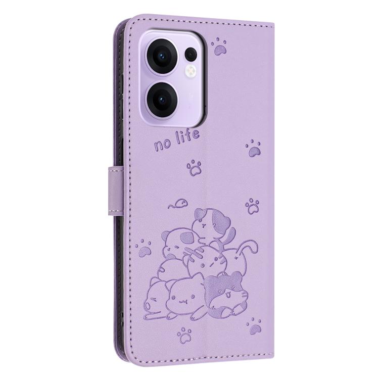 For OPPO Reno13 F 5G / 4G Embossed Kitten Phone Leather Case with Lanyard