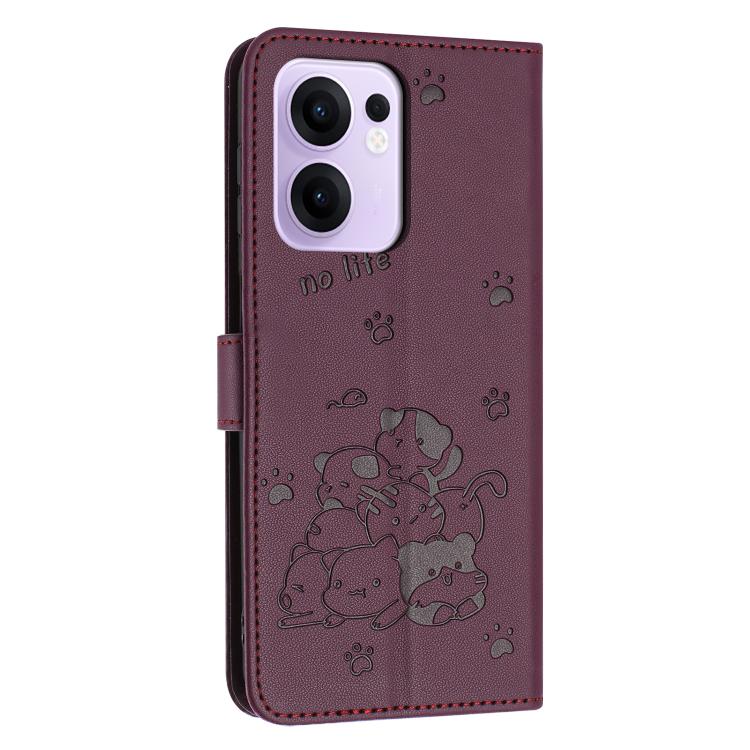For OPPO Reno13 F 5G / 4G Embossed Kitten Phone Leather Case with Lanyard