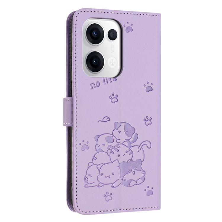 For OPPO Reno13 5G Global Embossed Kitten Phone Leather Case with Lanyard