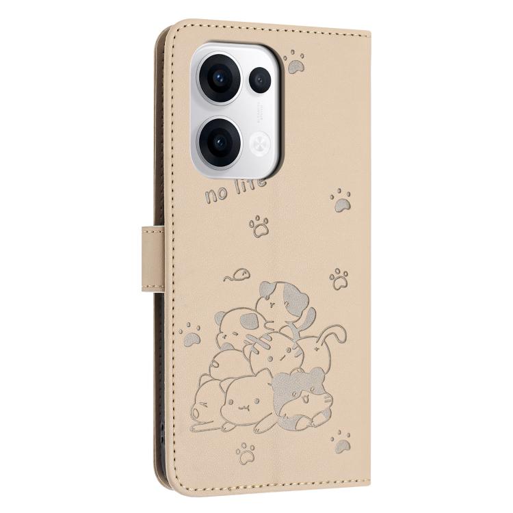 For OPPO Reno13 5G Global Embossed Kitten Phone Leather Case with Lanyard