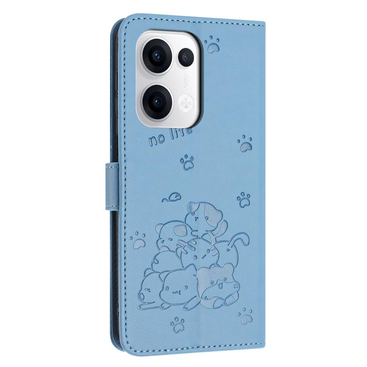 For OPPO Reno13 5G Global Embossed Kitten Phone Leather Case with Lanyard