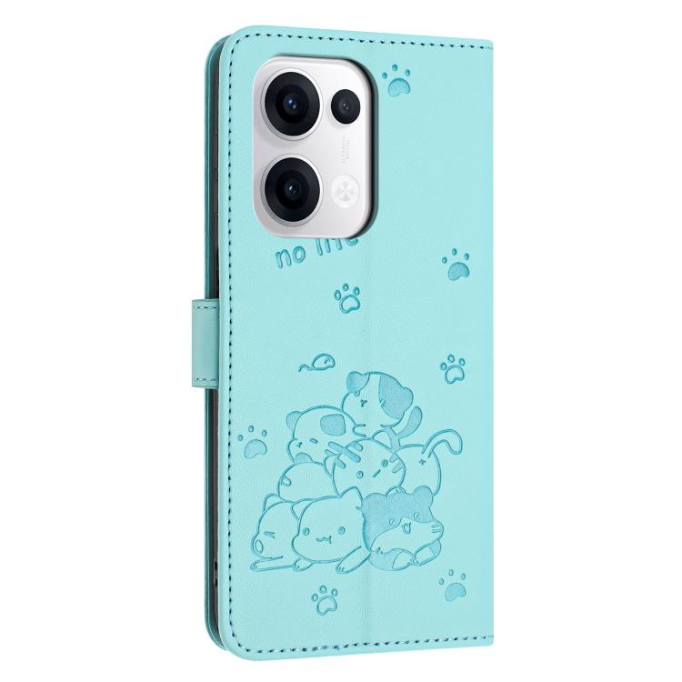 For OPPO Reno13 5G Global Embossed Kitten Phone Leather Case with Lanyard