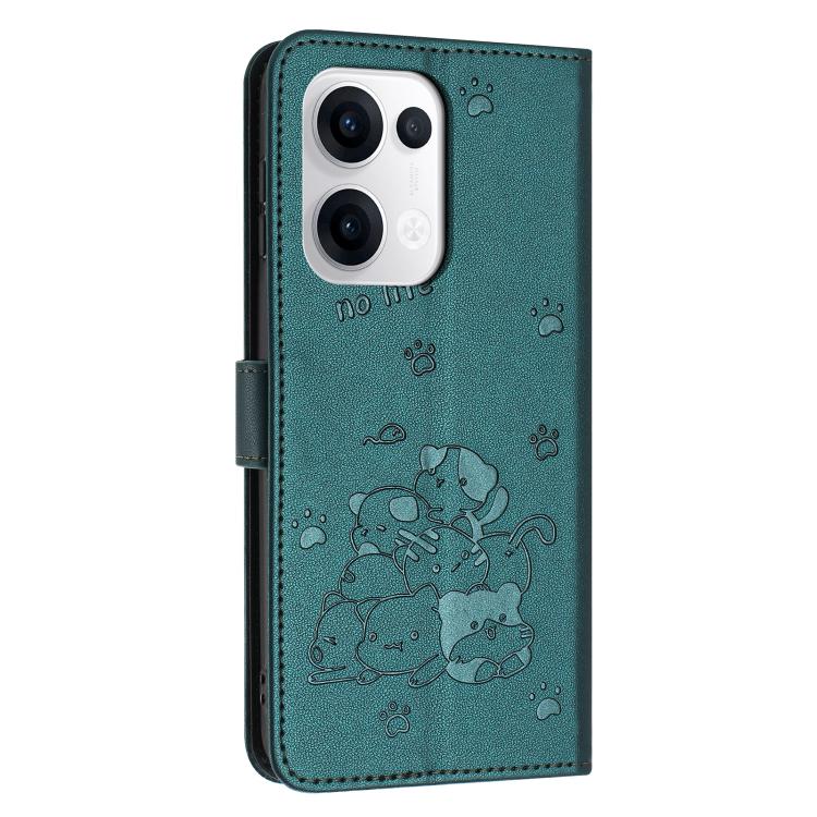 For OPPO Reno13 5G Global Embossed Kitten Phone Leather Case with Lanyard