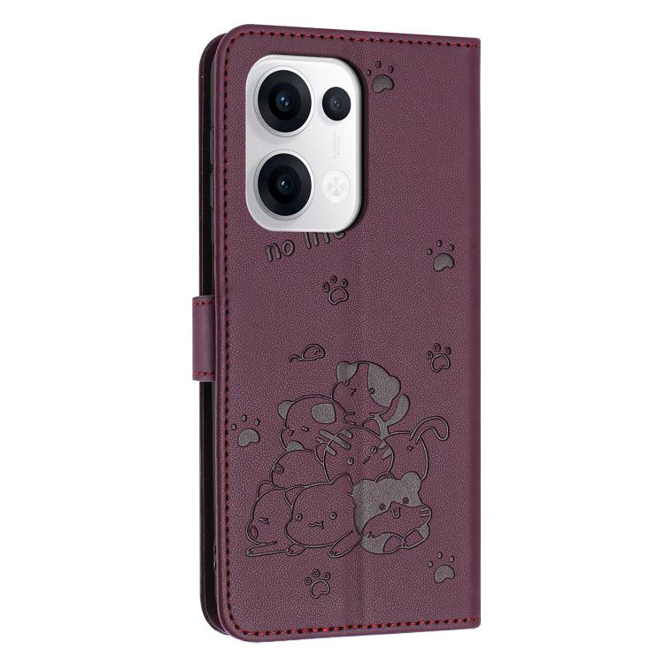 For OPPO Reno13 5G Global Embossed Kitten Phone Leather Case with Lanyard