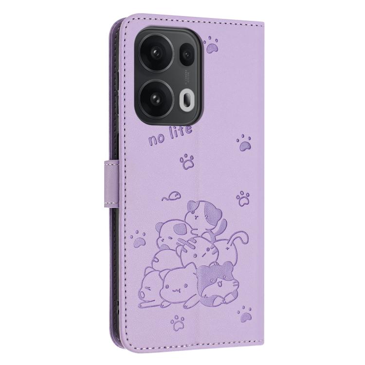 For OPPO Reno13 Pro 5G Global Embossed Kitten Phone Leather Case with Lanyard