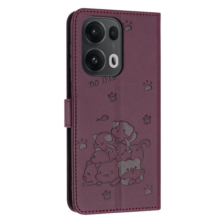For OPPO Reno13 Pro 5G Global Embossed Kitten Phone Leather Case with Lanyard