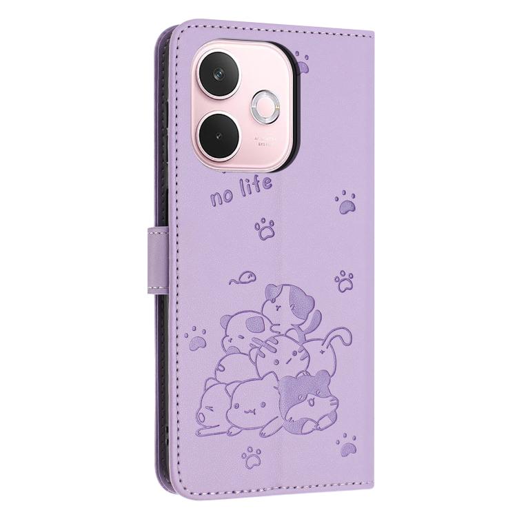For OPPO A5 Pro 5G Global Embossed Kitten Phone Leather Case with Lanyard