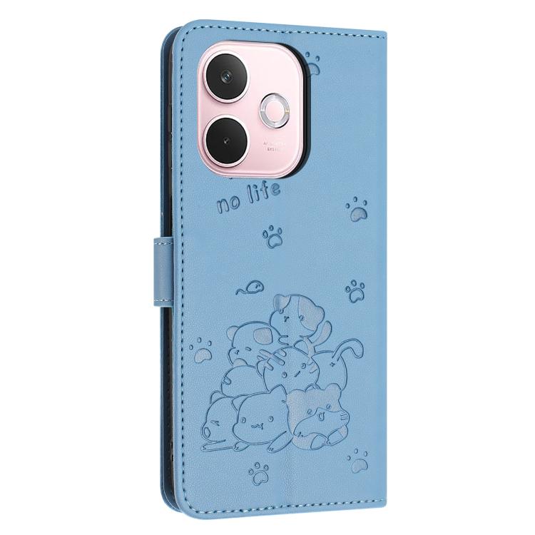 For OPPO A5 Pro 5G Global Embossed Kitten Phone Leather Case with Lanyard