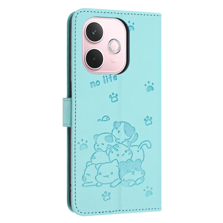 For OPPO A5 Pro 5G Global Embossed Kitten Phone Leather Case with Lanyard