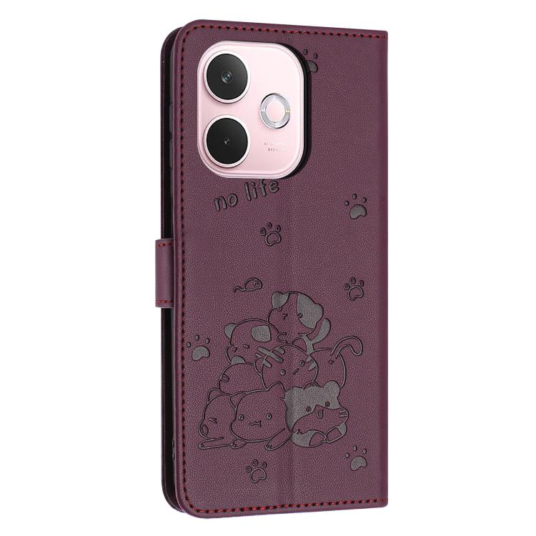 For OPPO A5 Pro 5G Global Embossed Kitten Phone Leather Case with Lanyard