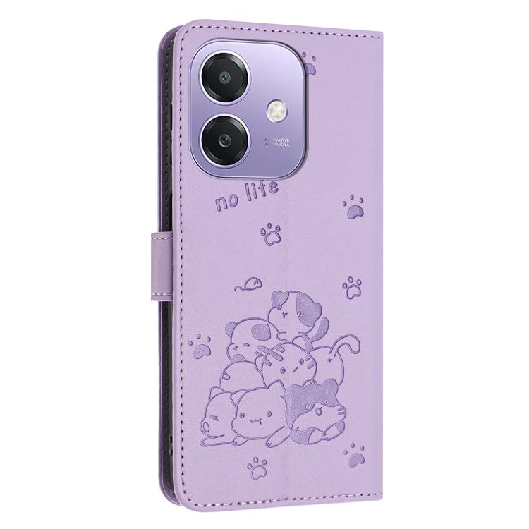 For OPPO A5x 5G Global Embossed Kitten Phone Leather Case with Lanyard