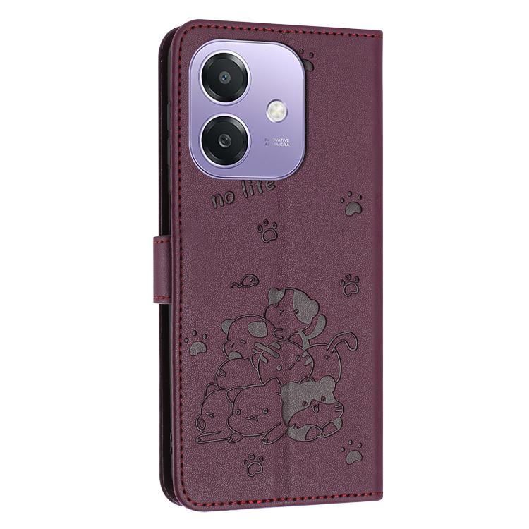 For OPPO A5x 5G Global Embossed Kitten Phone Leather Case with Lanyard