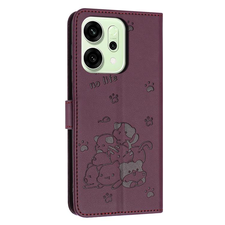 For OPPO Reno14 Pro 5G Global Embossed Kitten Phone Leather Case with Lanyard