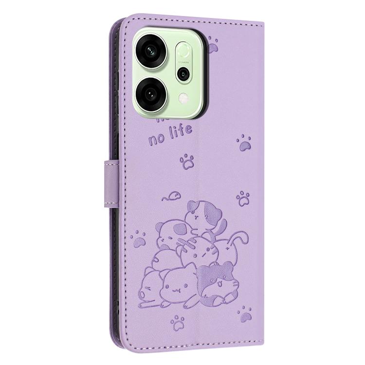 For OPPO Reno14 Global / Reno14 F  5G Embossed Kitten Phone Leather Case with Lanyard