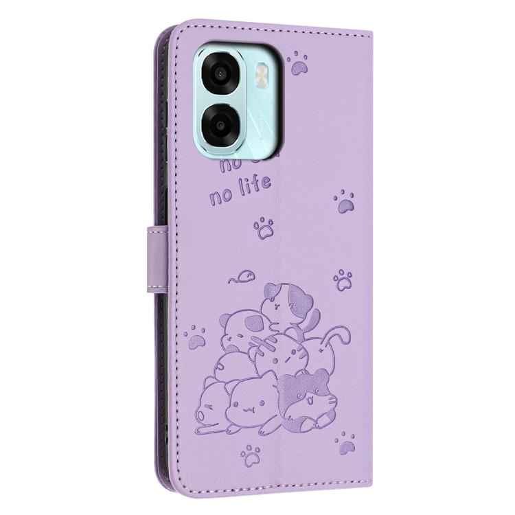 For OPPO A6x 5G / A6 4G / 5G Embossed Kitten Phone Leather Case with Lanyard