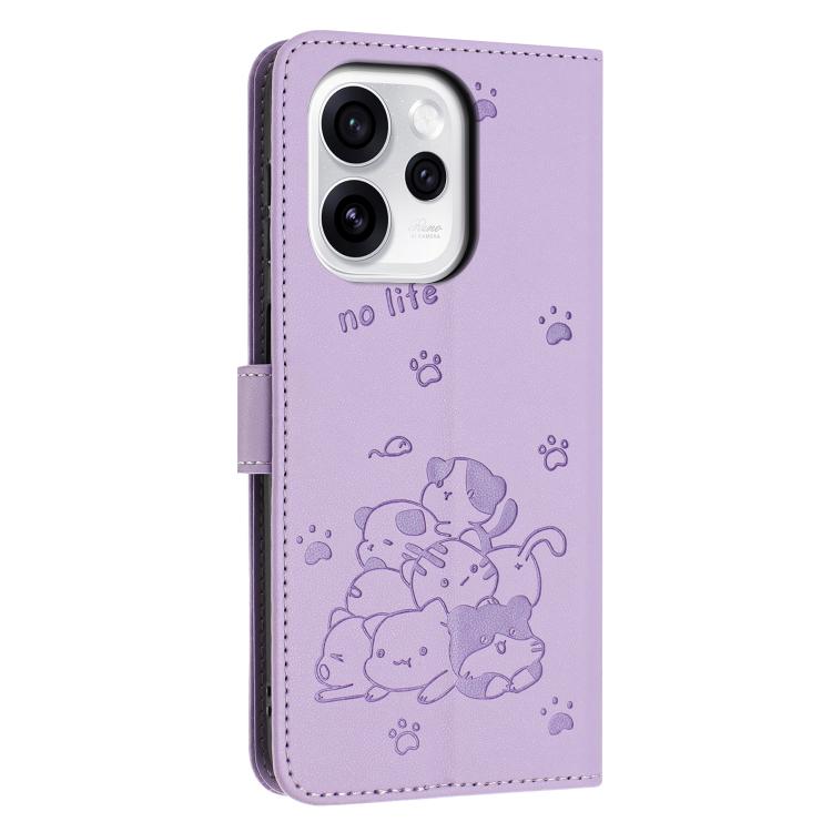 For OPPO Reno15 5G Global Embossed Kitten Phone Leather Case with Lanyard